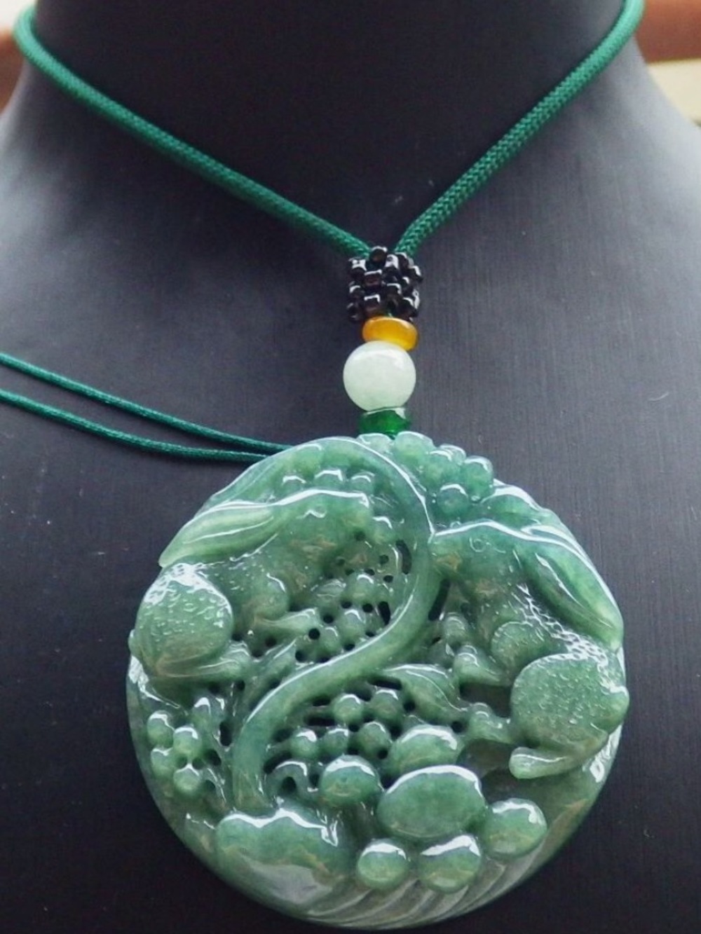 Certificate Jadeite Jade Green Pendant Carved Pure Rabbit  flower circle